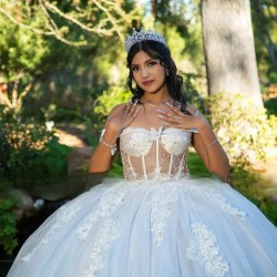 Strapless Quinceanera Dress Appliques Beaded Illusion Sweep Train Princess Ball Gowns Vestidos De 15 Quinceanera