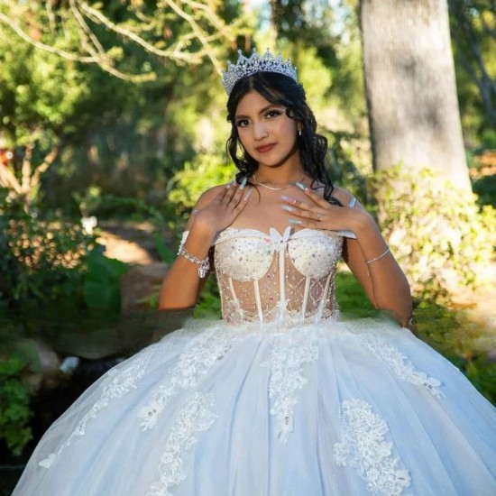 Strapless Quinceanera Dress Appliques Beaded Illusion Sweep Train Princess Ball Gowns Vestidos De 15 Quinceanera