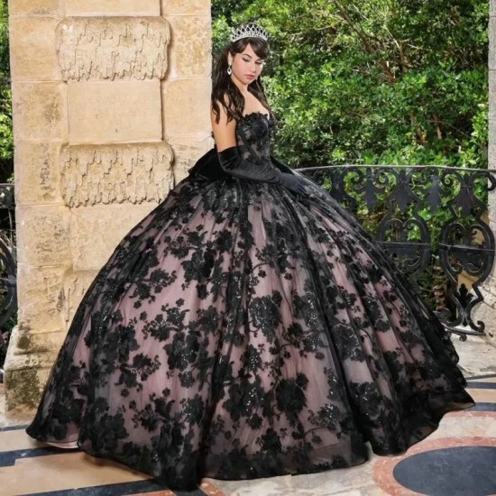 Sweetheart Black Sequined Appliques Lace Ball Gown Quinceanera Dresses Illusion Bow Corset Vestidos De 15 Anos