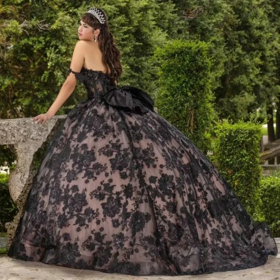 Sweetheart Black Sequined Appliques Lace Ball Gown Quinceanera Dresses Illusion Bow Corset Vestidos De 15 Anos