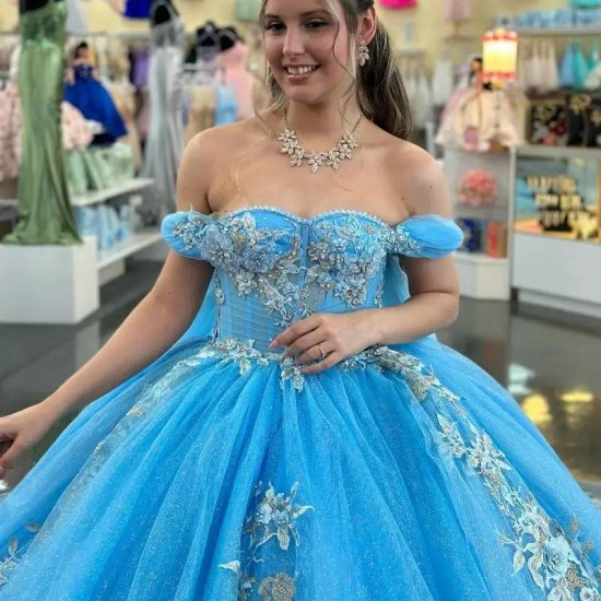 Sweetheart Blue Quinceanera Dress Ball Gown With Cape Appliques Lace Beads Sweet 16 Vestidos De Fiesta