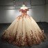 Sweetheart Champagne Quinceanera Dress Ball Gown Off The Shoulder Appliques Lace Tull Corset Sweet 15 Vestidos De XV Anos