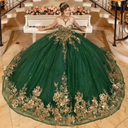 Sweetheart Emerald Green Sleeveless Ball Gown Quinceanera Dresses Gold Appliques Lace Corset Vestidos De 15 Anos