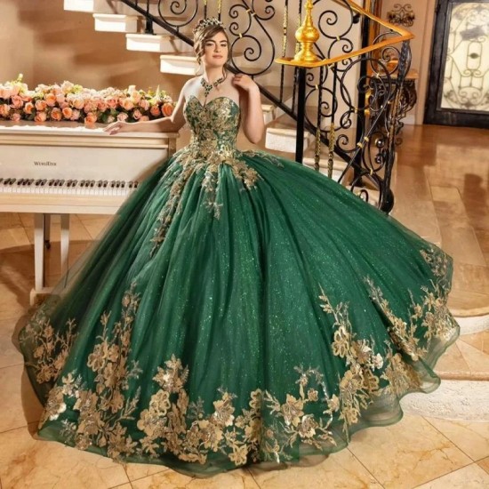 Sweetheart Emerald Green Sleeveless Ball Gown Quinceanera Dresses Gold Appliques Lace Corset Vestidos De 15 Anos