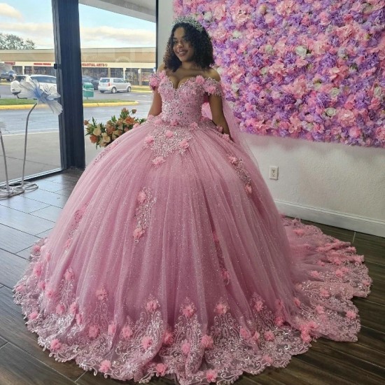 Sweetheart Pink Ball Gown Quinceanera Dress 3DFlower Applique Beading Tulle Princess With Cape Vestido De XV Anos Brithday Party