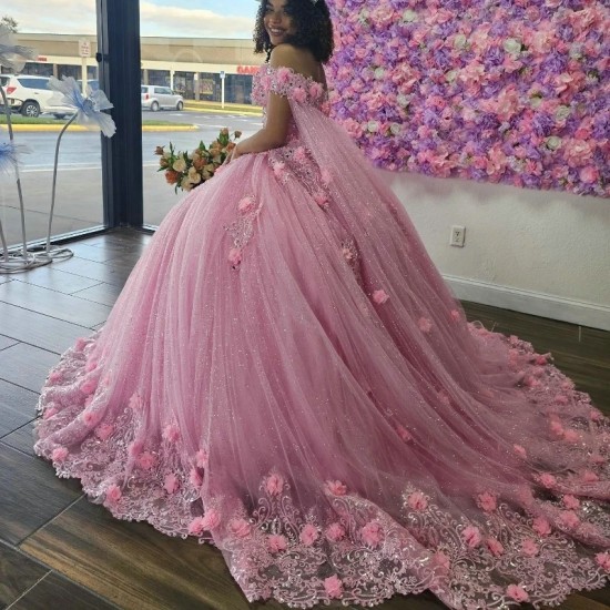 Sweetheart Pink Ball Gown Quinceanera Dress 3DFlower Applique Beading Tulle Princess With Cape Vestido De XV Anos Brithday Party