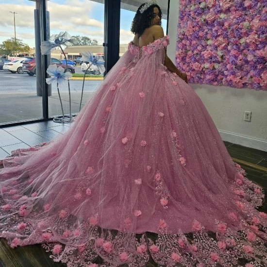 Sweetheart Pink Ball Gown Quinceanera Dress 3DFlower Applique Beading Tulle Princess With Cape Vestido De XV Anos Brithday Party