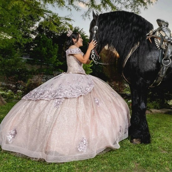 Sweetheart Pink Off the Shoulder Ball Gown Beaded Quinceanera Dress Princess Corset Dresses Appliques Flower Beads Vestido