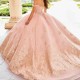 Sweetheart Pink Quincenara Dresses Ball Gown Off the Shoulder Gold Appliques Lace Tull Sweet 15 Vestidos De XV Anos