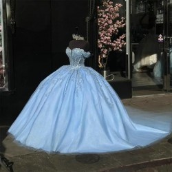 Sweetheart Sky Blue Quinceanera Dresses Ball Gown 2024 Beaded Lace Appliques Off The Shoulder Corset For Sweet 15 Girls Dress