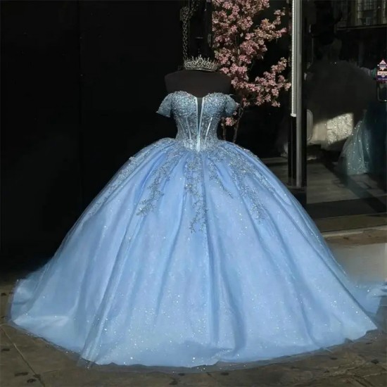 Sweetheart Sky Blue Quinceanera Dresses Ball Gown 2024 Beaded Lace Appliques Off The Shoulder Corset For Sweet 15 Girls Dress