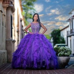 Tiered 2024 Ball Gown Purple Quinceanera Dress Ruffles Beading Tulle Women Robe De Soiree Sweet 16 Party Dress