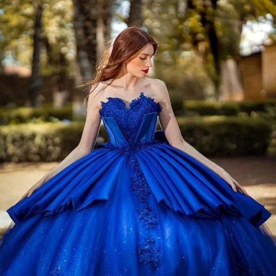 Tiered Royal Blue Quinceanera Dresses Glitter Princess Vestidos De 15 Novia Lace Appliques Beaded Sweet 16 Birthday Prom Gowns