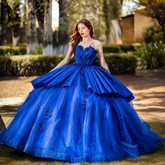 Tiered Royal Blue Quinceanera Dresses Glitter Princess Vestidos De 15 Novia Lace Appliques Beaded Sweet 16 Birthday Prom Gowns