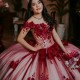 V Neck Burgundy Quinceanera Dress Luxury Pearls 3D Flowers Sweet 15 Year Gown Off The Shoulder Court Train Party Dresses