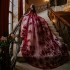 V Neck Burgundy Quinceanera Dress Luxury Pearls 3D Flowers Sweet 15 Year Gown Off The Shoulder Court Train Party Dresses