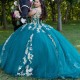 V Neck Emerald Green Princess Quinceanera Dresses Gold Appliques Ball Gown Birthday Gown Sexy Lace Up Sweet 16 Dress robe