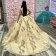 V-Neck Gold Deep Pleat Ball Gown Quinceanera Dresses Beading Appliques Lace Corset Vestidos De 15 Anos