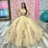 V-Neck Gold Deep Pleat Ball Gown Quinceanera Dresses Beading Appliques Lace Corset Vestidos De 15 Anos