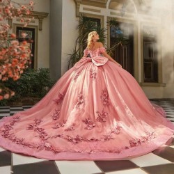 V-Neck Pink Princess 15 Quinceanera Dresses Off Shoulder Lace Applique Bling Bling Tulle Beads Birthday Party Dress