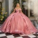 V-Neck Pink Princess 15 Quinceanera Dresses Off Shoulder Lace Applique Bling Bling Tulle Beads Birthday Party Dress