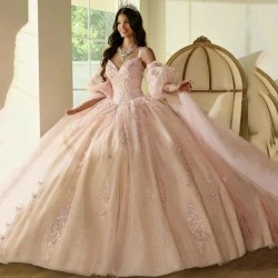 V-Neck Spaghetti Strap Sequin Puff Sleeves Quinceanera Evening Dress 2024 Ball Gown Floor Length Sweep Train Prom Dress