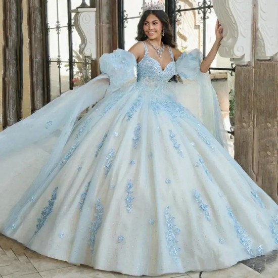 V-Neck Spaghetti Strap Sequin Puff Sleeves Quinceanera Evening Dress 2024 Ball Gown Floor Length Sweep Train Prom Dress