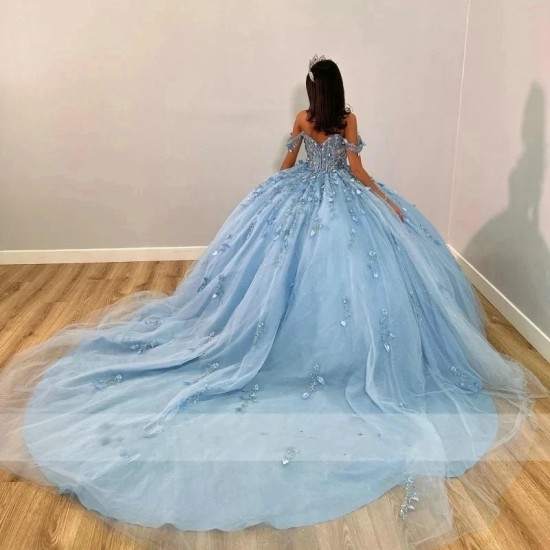 Women’s Quinceanera Dresses Beaded 3D Flowers Off Shoulder Ball Gown Vestidos De 15 Anos Sweet 16 Birthday Party Fiesta