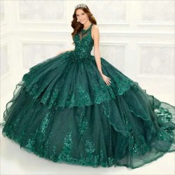 Women’s Sparkle Sequined Quinceanera Dress 3D Flowers Applique Beaded Ball Gowns Sweep Train Vestido de 15 Anos Sweet 16