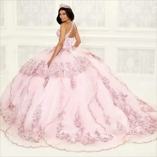 Women’s Sparkle Sequined Quinceanera Dress 3D Flowers Applique Beaded Ball Gowns Sweep Train Vestido de 15 Anos Sweet 16